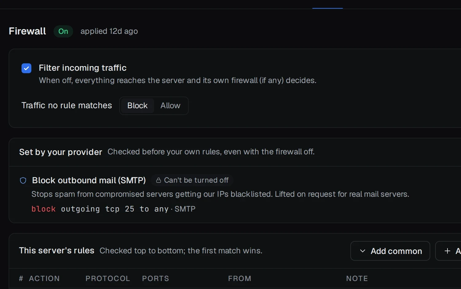 A server's firewall with rules for SSH from one address, web traffic, HTTP/3 and ping